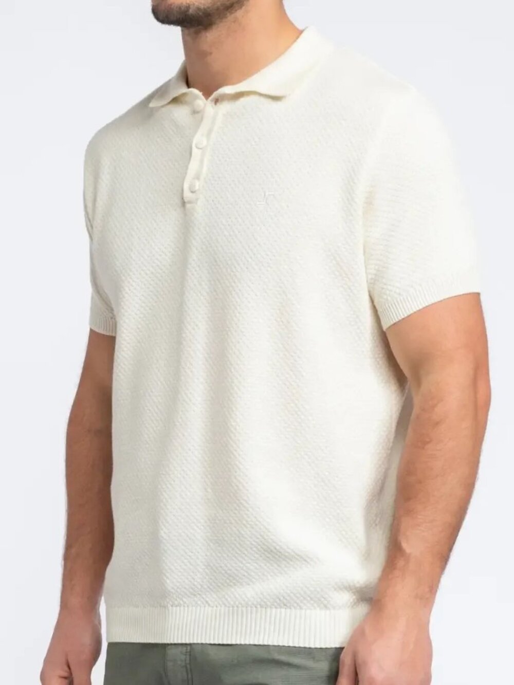 SMF Cream Textured Knit Short Sleeve Button Up Polo